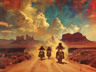 Biker gang riding through a desert landscape