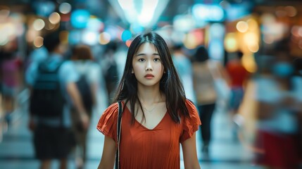 A young woman with long black hair wearing a red dress is walking through a crowded city street.