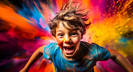 Naklejka premium little boy screaming with joy with colorful smokebombs behind him.event banner