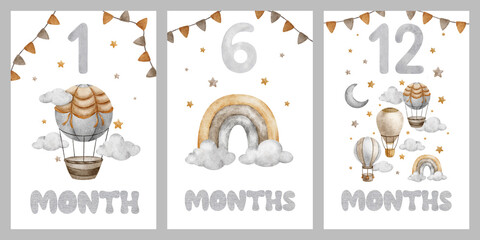 Set of Baby Milestone Cards with Hot Air Balloons, rainbow, clouds, stars. Baby's one month, six and twelve months. Monthly numbers cards for Newborns. Card for kids' photos.