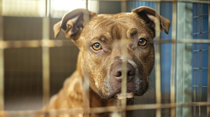 A close-up portrait of a Pit Bull Terrier dog looking through a kennel cage with a sad expression in his eyes.