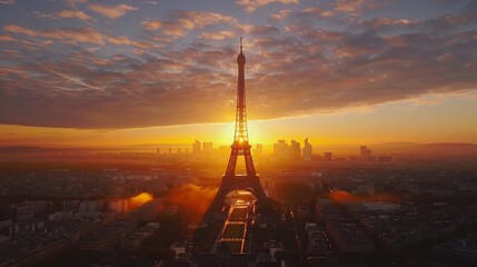 Breathtaking sunset silhouette of the Eiffel Tower with dazzling hues of the sky, casting shadows across Paris cityscape, symbolizing romance and timeless beauty.