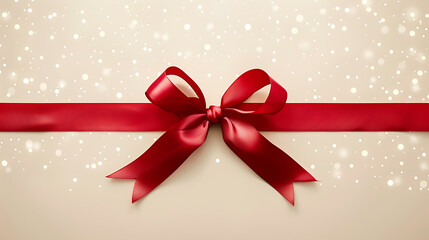 Red ribbon with bow on beige background with bokeh. 