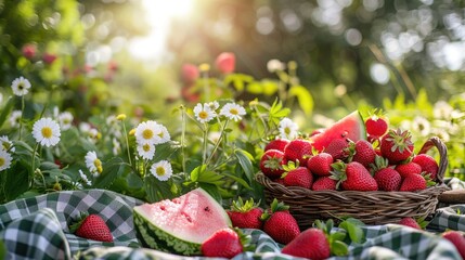 Fresh watermelon slices and strawberries on wooden table