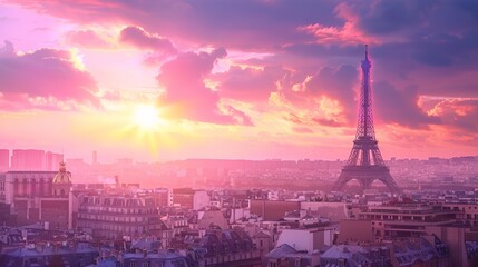 Obraz premium The Eiffel Tower stands tall against a backdrop of a vibrant pink sunset sky, casting a mesmerizing aura over the Parisian skyline and embodying the romance of the city.