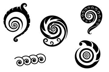 A set of five Maori Polynesian style koru spiral swirls, icon minimalist style. Vector illustration. Isolated on transparent background.	