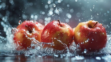 Three ripe red apples with water splash on a dark blue background.
