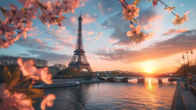 The Eiffel Tower is framed by cherry blossoms as the Seine River flows underneath, capturing a beautiful and romantic spring moment in Paris at sunset.