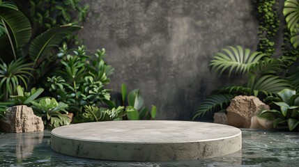 Podium background product green nature 3D forest stand white plant. Cosmetic background product podium display wood jungle studio garden beauty platform presentation mockup pedestal stone tropical