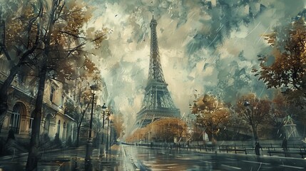 Set against a rainy backdrop, the Eiffel Tower is surrounded by autumn leaves, creating a dramatic and atmospheric depiction of Paris, emphasizing rainy beauty and solitude.