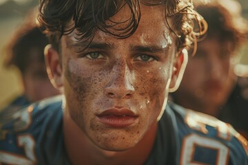 Young male football player with muddy face during game. Sports and competition concept