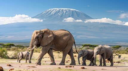 Obraz premium Adult elephant leads its herd, with Mount Kilimanjaro towering majestically in the background under a clear sky, emphasizing nature's harmony and the immensity of the landscape.
