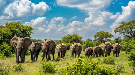 Fototapeta premium A straight line of elephants marches across the grassy plains of the African savanna, with a stunning blue sky and scattered clouds, embodying unity and natural beauty.