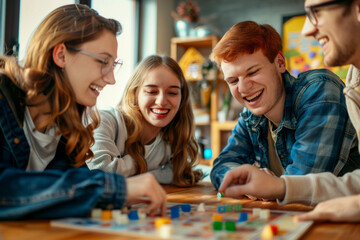 Fototapeta premium Group of friends laugh and enjoy a board game at indoor setting