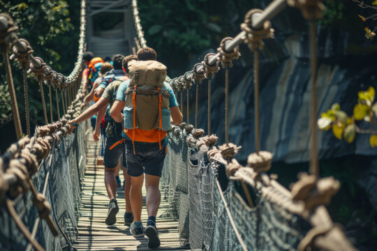 Fototapeta Group of active tourists with backpacks walking along rope bridge