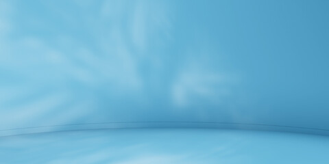 Blue minimalist curved studio for product presentation. Empty room with shadows of palm leaves. 3d room background with copy space. 3d render illustration