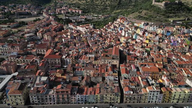 Aerial view of Bosa, a small colourful town near Oristano, Sardinia island, Italy.