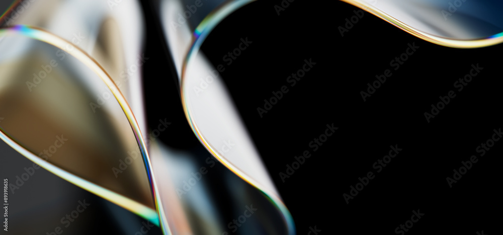 Poster macro of transparent iridescent glass curved stripe with extreme depth of field. place for text. mod