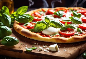 delicious artisan pizza topped fresh basil creamy mozzarella cheese golden crust, herbs, toppings, ingredients, meal, lunch, dinner, food, recipe, oven