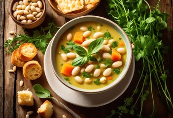 creamy white bean soup fresh herbs croutons rustic bowl, delicious, vegetarian, healthy, homemade, comforting, nutritious, vegan, tasty, savory, appetizing