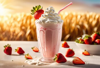 refreshing frosty milkshake whipped cream strawberries sunny day, cold, sweet, dessert, beverage, fruit, delicious, creamy, pink, summer, treat, ice, chilled