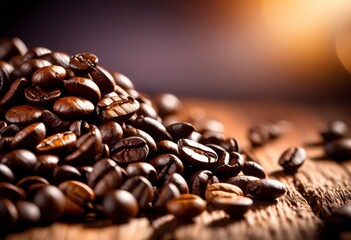 roasted coffee beans spilling over rustic wooden showcasing rich texture deep brown color beans, aroma, caffeine, beverage, drink, ground, freshness, organic,