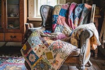 Colorful patchwork quilt on a vintage wooden chair in a cozy country room