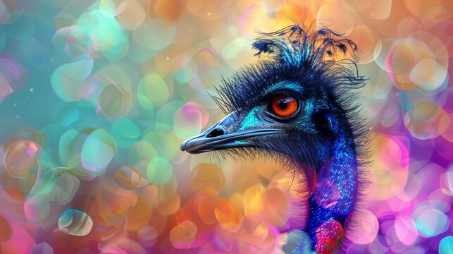 A dazzling close-up of an emu with intricate feather patterns, remarkable blue tones, and a vivid rainbow bokeh effect in the background, creating a colorful, eye-catching image.