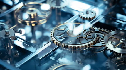 Glass and metal mechanisms, wallpaper. Shades of blue and gold