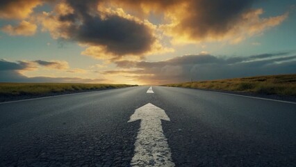 A conceptual image showcasing an asphalt road with a prominent directional arrow, representing the concept of selecting a path or direction in life