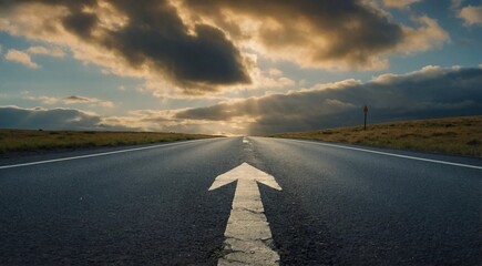 A conceptual image showcasing an asphalt road with a prominent directional arrow, representing the concept of selecting a path or direction in life