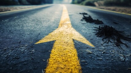 A conceptual image showcasing an asphalt road with a prominent directional arrow, representing the concept of selecting a path or direction in life