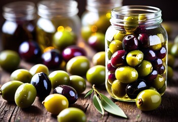 glistening marinated olives glass jar rustic table, brine, green, black, pickled, small, round, savory, delicious, oily, mediterranean, snack, appetizer
