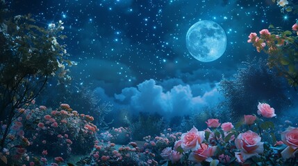 Fototapeta premium Under a brilliant starry sky, this enchanting image captures a beautiful garden filled with blossoming flowers, illuminated by the gentle glow of the moon and stars.
