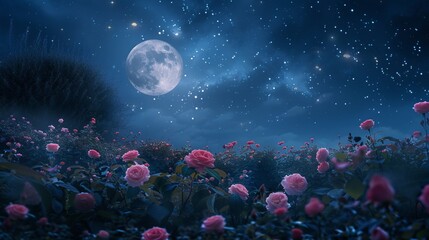 The image features a beautifully moonlit garden filled with blooming pink roses under a sparkling starry night sky, evoking a sense of romance and serenity.