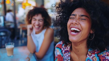 Fototapeta premium Two friends, seated at a cafe table, laugh heartily, their eyes closed and mouths wide open