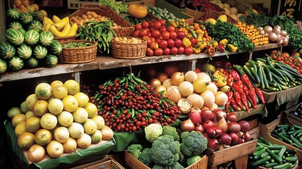 Colorful display of fresh produce at vibrant street market, highlighting vegetarian diet essentials