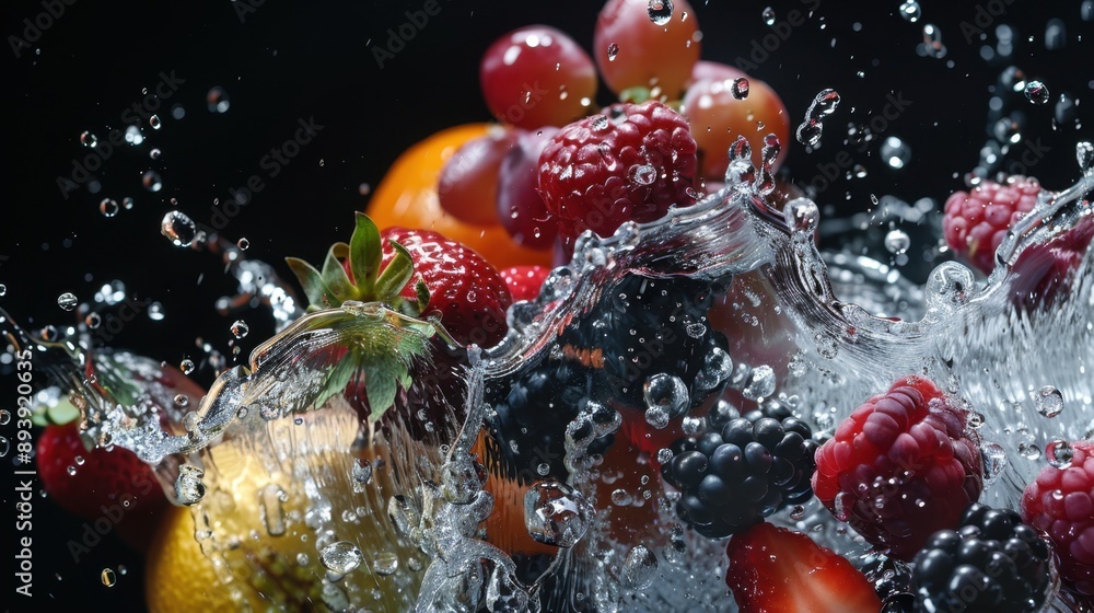 Poster a refreshing and healthy snack with fruits splashed in water, emphasizing vibrant colors and nutriti
