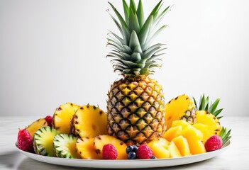 vibrant pineapple rings arranged neatly fresh tropical fruit display, colorful, juicy, natural, ripe, round, slices, sweet, yellow, appetizing, food, healthy,