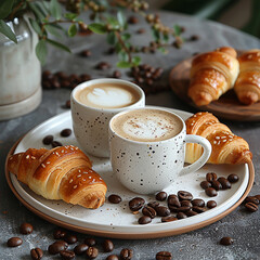 Coffee and Croissant Breakfast Setting on Floral Table and some coffee seeds. generated by AI