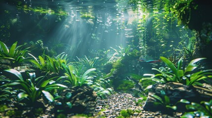 Fototapeta premium A lush, verdant rainforest with dense foliage and sunlight filtering through the canopy. A tranquil scene of natural beauty.