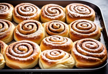 Fototapeta premium freshly baked cinnamon rolls oven tray ready sweet pastry treats, serve, swirls, aromatic, sugary, golden, brown, icing, delicious, warm, mouthwatering, homemade