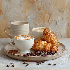 Coffee and Croissant Breakfast Setting on Floral Table and some coffee seeds. generated by AI