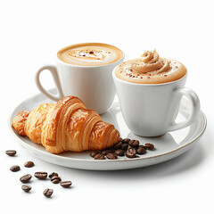 Coffee and Croissant Breakfast Setting on Floral Table and some coffee seeds. generated by AI
