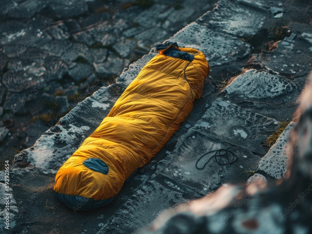 Wall mural A yellow sleeping bag set up outdoors in a rugged landscape, perhaps for a night of camping or hiking.