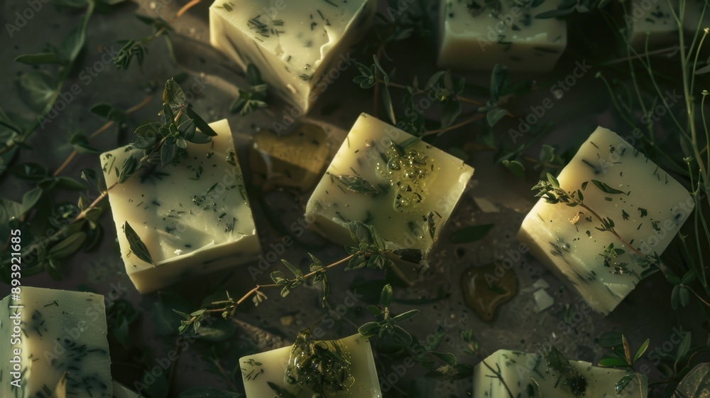 Poster a selection of freshly made cheese with herbs and oil, ready for use in a variety of dishes. each bl