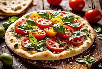 delicious gourmet flatbread drizzled high quality olive perfect appetizers light highlighting flavorful toppings artisan baking techniques, oil, cuisine, food