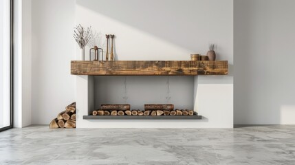 Lounge room fireplace on concrete floor, modern home with wooden log on mantel and tools by white wall