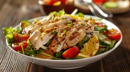 Fresh and Healthy Chicken Salad with Vegetables on Table