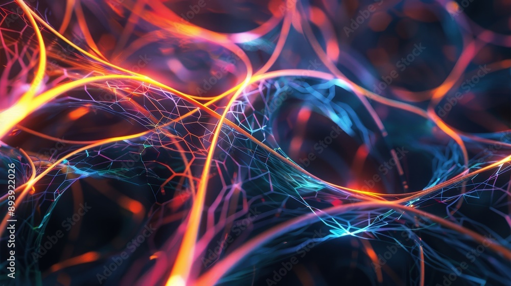 Poster a web of interconnecting lines in shades of red, orange, and blue forms an abstract digital backgrou